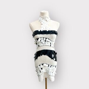 BEBE Y2K Black & White Striped Sequin Fur Halter Neck Dress (Sz XS)